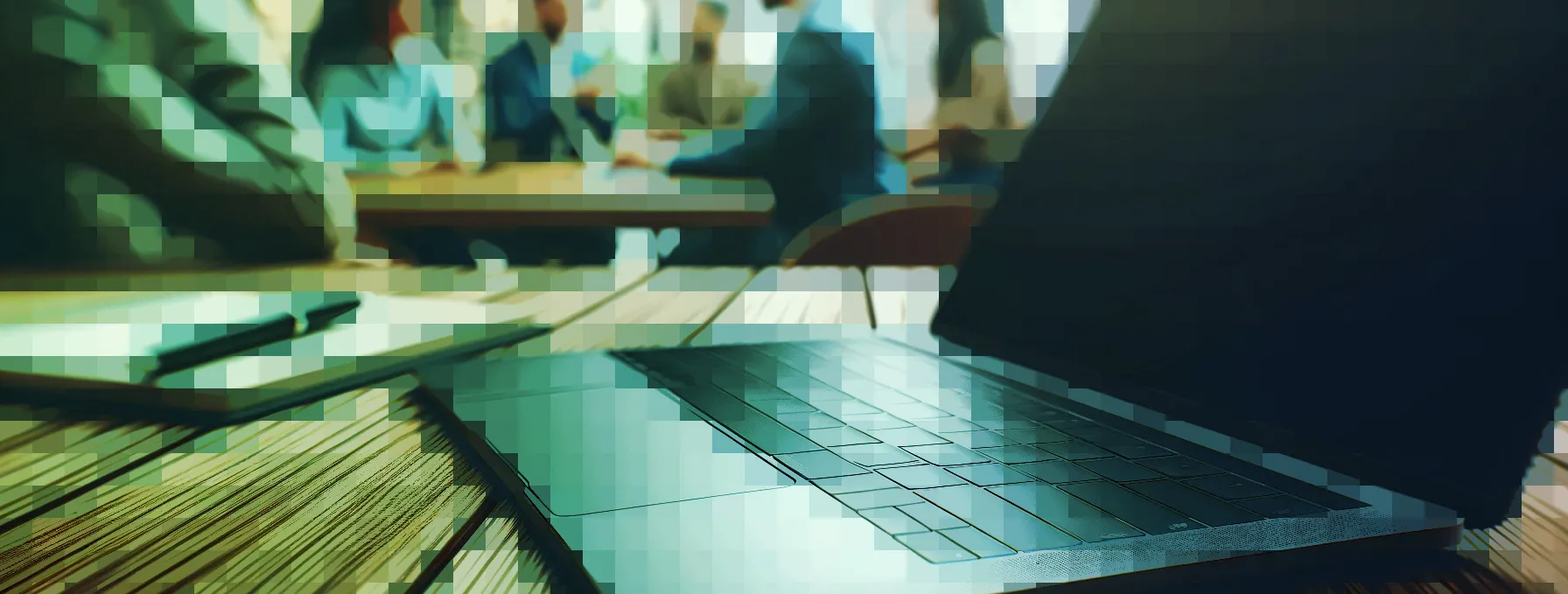 decorative image created by Monica Bower of a laptop on a desk with people discussing Accela in the background, with a slight digital pixel effect.